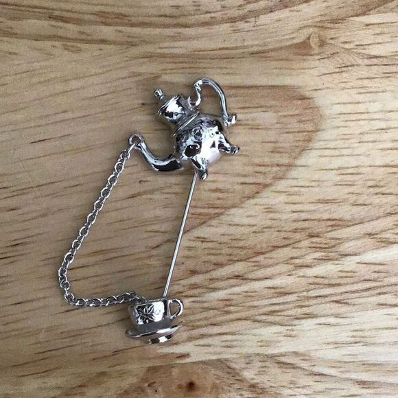 Brooch, Teapot Lapel Pin, Stick Pin, Teacup, Silver - Picture 1 of 5
